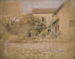 A House and Garden at Tintern, 1835 (tussi, tussi, wc ja bodycolour grafiitin ja mustan liidun päällä vaaleanpunaiselle paperille).