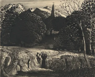 Cornfield and Church by Moonlight (sivellin ja musta muste paperille)