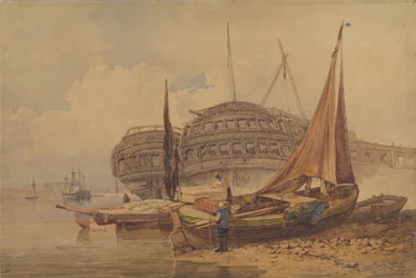 Rannikkomaisema ja rantaveneet etualalla, 1800-luvun alkupuoli.