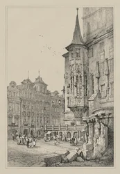 Faksimilet Flanderissa ja Saksassa tehdyistä luonnoksista: raatihuone, Praha, 1833