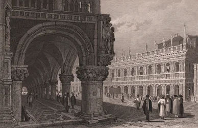 Dogen palatsin (Palazzo Ducale) pelihallin lyhennys näköalalla Pyhän Markuksen aukiolle ja kirjastopalatsille, Venetsia, Veneto, Italia, teräskaiverrus Samuel Proutin (1783-1852) piirustuksen mukaan, noin 15x11,5 cm