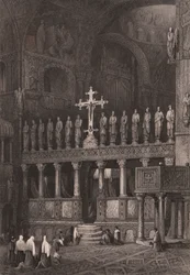Iconóstase na Basílica de São Marcos (Basilica di San Marco), Veneza, Veneto, Itália, gravura em aço segundo desenho de Samuel Prout (1783-1852), circa 15x11,5 cmfinlandês