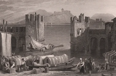 Näkymä Angeran linnasta Aronassa, Lake Maggiore, Piedmont, Italia, teräskaiverrus Samuel Proutin (1783-1852) piirroksesta, n. 16x11 cm