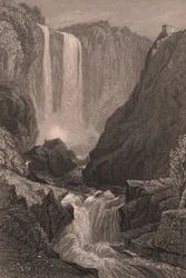 Näkymä Marmoren putouksille (Cascata delle Marmore) lähellä Terniä, Umbria, Italia, teräskaiverrus Samuel Proutin (1783-1852) piirtämänä, noin 15x11,5 cm