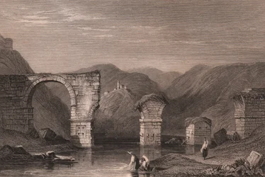 Näkymä Augustus-sillan roomalaisista raunioista (Ponte di Augusto) Nera-joen yli, Narni, Umbria, Italia, teräskaiverrus Samuel Proutin (1783-1852) piirtämänä, noin 15x11,5 cm