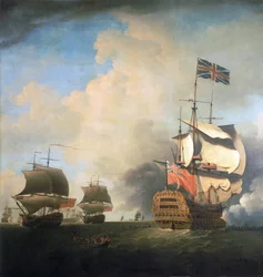 Britannian kuninkaallisen laivaston sota-aluksia, jotka manöövereeraavat purjeitaan tuulessa. Samuel Scottin (1702-1772) öljy kankaalle, noin 1736.
