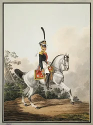 Preobražensky-rykmentin kenttäupseeri hevosen selässä, 1800-luvun alku.