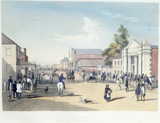 Adelaide, Hindley Street, levy 41, George French Angasin teoksesta South Australia Illustrated