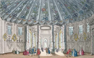 Sisäkuva Vauxhall Gardensin tyylikkäästä musiikkihuoneesta, kaiverrus H. Roberts, 1752 (käsinvärinen kaiverrus)