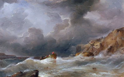 Vene upposi kalliorannikolla, ja pelastusvene oli täynnä eloonjääneitä. Samuel Waltersin (1811-1882) öljy kankaalle.