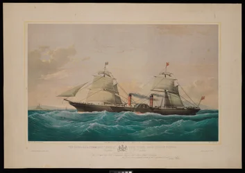 Kuninkaallisen postin höyrylaiva Persia... Kapteeni C H E Jodkins (Inward Bound, off the Skerries) Englannin ja Pohjois-Amerikan kuninkaalliselle postilaivayhtiölle (Royal Mail Steam Packet Company) on omistettu tämä vedos (litografia, värillinen).
