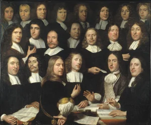Ryhmämuotokuva Dordrechtin rahapajamestareista (Muotokuva Dordrechtin päämiesten ryhmästä) - Samuel Dirksz van Hoogstratenin kuva (1627-1678) - 1674 - Öljy kankaalle - 139,5x166 - Dordrechts Museum