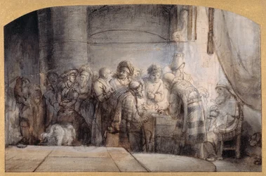 Juudas vastaanottaa kolmekymmentä hopeapalaa, n. 1640 (kynä ja muste punaisella liidulla pesun päällä paperille)