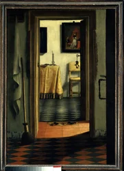 Tohvelit. Hollantilaisen talon sisätila, flaamilainen koulukunta, 17. vuosisata, mitat 1,03 x 0,70 m, Pariisi, Musée du Louvre