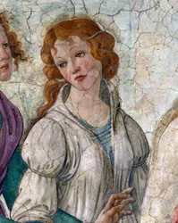 Venus ja armot tarjoavat lahjoja nuorelle tytölle Yksityiskohta, joka edustaa Gracesia (Charites). Fresko Villa Lemmistä. Sandro Botticellin maalaus (1444-1510)