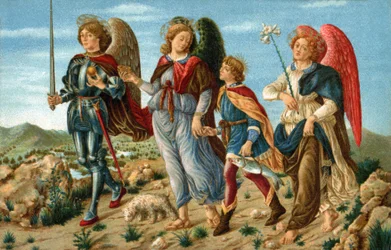 Kolme arkkienkeliä ja Tobias. Enkelit Rafael, Gabriel ja Mikael saattavat nuorta Tobiasta. Noin vuonna 1900 postikorttia varten tehty kromolitografia Sandro Botticellin (1445-1510) maalauksen mukaan.