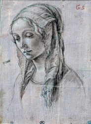 Nuoren naisen pää”” Sivellinpiirros ja valkoiset läpät Alessandro di Mariano dei Filipepi dit Sandro Botticelli (1445-1510) 1400-luvun Pariisi, Louvre-museo