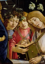 Maria lapsen kanssa, Johannes Kastaja ja enkelit. Yksityiskohta. Noin 1490