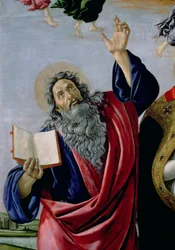 Evankelista Johannes, San Marcon Neitsyt Marian kruunaus -alttaritaulusta, noin 1488-90, teoksen 44363 yksityiskohta