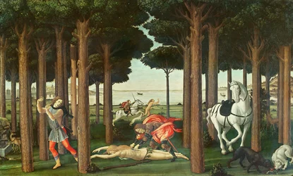 Tavoitteena olevan naisen irtoaminen: Nastagio degli Onestin tarinan II kohtaus, n. 1483 (tempera paneelissa)