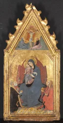 Pyhien Maria Magdaleenan ja Nicolas Barilaisen palvoma neitsyt ja lapsi, ristiinnaulittu Kristus..., 1400-luku.