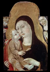 Neitsyt ja lapsi pyhien kanssa. Sano di Pietron (1406-1481) maalaus. Tempera puulle, 43 x 27 cm. Sienan koulu, italialainen goottilainen taide. Pushkinin taidemuseo, Moskova. ©FineArtImage/Leemage
