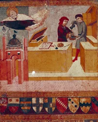 Camerlingvist symbolisesti pesee kätensä, kun hyväntahtoinen ja suojeleva Neitsyt lentää Siena Detailin kaupungin yli. Sano di Pietron (1406-1481) puumaalaus Bicchernaa koristamassa (Sienan kaupungin kirjanpitorekisterin kansi) 1451.
