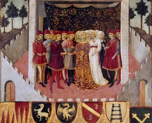 Sienan kaupungin aatelistoparin hääjuhla Sano di Pietron (1406-1481) maalaus Bicchernaa koristamassa (Sienan kaupungin kirjanpitorekisterin kansi) 1473. Siena Archivio di Stato, Italia
