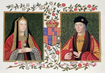 Elizabeth of Yorkin (1465-1503) ja Henrik VII:n (1457-1509) kaksoismuotokuva, jossa he pitelevät Yorkin valkoista ruusua ja Lancasterin punaista ruusua, teoksesta "Muistelmia kuningatar Elisabetin hovista", julkaistu 182