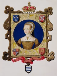 Muotokuva Henrik VIII:n kuudennesta kuningattaresta Catherine Parr (1512-48) nuorena naisena vuonna 1825 julkaistusta "Kuningatar Elisabetin hovin muistelmista" (wc ja guassi paperilla)