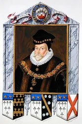 Muotokuva Edward Fiennes de Clintonista (1512-85), 1. Earl of Lincoln kirjasta "Memoirs of the Court of Queen Elizabeth", julkaistu vuonna 1825 (akvarelli ja guassi paperille)