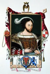 Edward Seymourin (n. 1506–1552) muotokuva, Edward VI:n lordi Protector ja Somersetin herttua "Kuningatar Elisabetin hovin muistelmista", julkaistu vuonna 1825 (akvarelli ja guassi paperille)