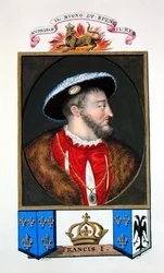 François I:n Ranskan kuninkaan (1494-1547) muotokuva "Kuningatar Elisabetin hovin muistelmista" Titianin (n. 1488-1576) muotokuvan jälkeen, joka julkaistiin vuonna 1825 (akvarelli ja guassi paperille)