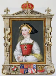 Jane Seymourin (n. 1509-37) muotokuva Henrik VIII:n 3. kuningattaresta "Kuningatar Elisabetin hovin muistelmat" Hans Holbeinin (14978-1543) muotokuvan jälkeen, julkaistu vuonna 1825 (wc ja guassi paperilla)