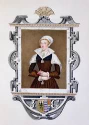 Lady Jane Grayn (1537-54) muotokuva "Nine-Days Queen" kirjasta "Memoirs of the Court of Queen Elizabeth", julkaistu vuonna 1825 (wc ja guassi paperilla)