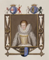Lettice Knollysin (noin 1541-1634), Sir Francis Knollysin tyttären, muotokuva teoksesta "Memoirs of the Court of Queen Elizabeth", julkaistu 1825