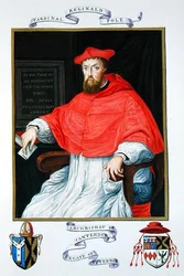 Muotokuva Reginald Polesta (1500-58) Canterburyn arkkipiispasta ja Viterbon legaatista kirjasta "Memoirs from the Court of Queen Elizabeth", julkaistu vuonna 1825 (akvarelli ja guassi paperille)