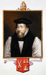 Lontoon piispan Richard Vaughanin (n. 1550-1607) muotokuva vuonna 1825 julkaistusta Queen Elizabethin tuomioistuimen muistelmista (akvarelli ja guassi paperilla)