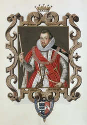 Muotokuva Robert Cecilistä (1563-1612) 1. Earl of Salisbury kirjasta "Memoirs of the Court of Queen Elizabeth", julkaistu vuonna 1825 (wc ja guassi paperilla)