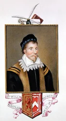 Muotokuva Sir William Maitlandista Lethingtonista (n. 1528-1573) Ulkoministeri kirjasta "Memoirs of the Court of Queen Elizabeth", julkaistu vuonna 1825 (akvarelli ja guassi paperilla)