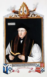 Canterburyn arkkipiispan Thomas Cranmerin (1489-1556) muotokuva vuonna 1825 julkaistusta "Memoirs of the Court of Queen Elizabethista" (akvarelli ja guassi paperille)