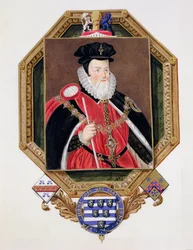 William Cecilin (1520-98) 1. paroni Burghleyn muotokuva kuningatar Elisabetin hovin muistelmista, Marcus Gheeraerts nuoremman (n.1561-1635) vuonna 1825 julkaistun kuvan mukaan (wc ja guassi o