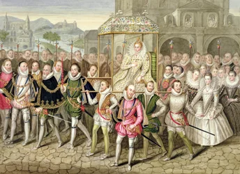 Kuningatar Elisabet I kulkueessa hoviväkensä kanssa (n. 1600), teoksesta "Memoirs of the Court of Queen Elizabeth", Robert Peaken nimiin luetun öljymaalauksen (n. 1592-1667) mukaan, Sherborne Castle, julkaistu 18