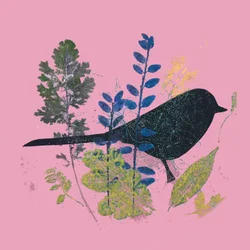 Lintu ja lehdet, 2019 (muste monoprint)