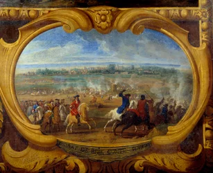 Louis II:n Bourbon Conden prinssi (Bourbon-Conde) teot, jotka tunnetaan nimellä Grand Conde (1621-1686), Brien taistelu kreivi Robert Detail, Vapahtaja Le Conten maalaus (Leconte, Le Comte, Lecomte) (1659-1694) 1600-luvun Chantilly, Musee Conde