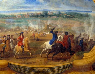 Louis II:n Bourbon Conden prinssi (Bourbon-Conde) teot, jotka tunnetaan nimellä Grand Conde (1621-1686), Brien taistelu kreivi Robert Detail, Vapahtaja Le Conten maalaus (Leconte, Le Comte, Lecomte) (1659-1694) 1600-luvun Chantilly, Musee Conde