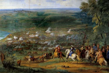 Kolmikymmenvuotinen sota: "" Näkymä Rocroyn (Rocroin) taistelusta 19.5.1643 Enghienin herttuan ranskalaisia joukkoja ja Francisco de Melon espanjalaisia joukkoja vastaan" Yksityiskohta, Sauveur Le Conten (Leconte) maalaus , Le Comte, Lecomte) (1659-1694)