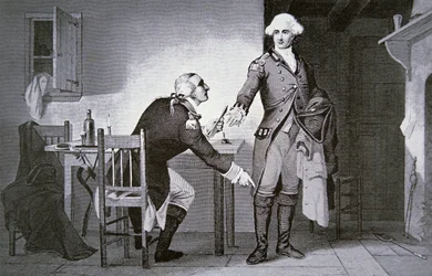 Amerikkalainen petturi: Kenraali Benedict Arnold käskee Andrea piilottamaan paperit saappaaseen (litho)