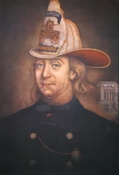 Benjamin Franklin yllään Union Fire Companyn univormussa, jonka hän perusti Philadelphiaan vuonna 1736 (väri litho)