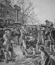 Bostonilaiset polttavat leimattua paperia (litho)